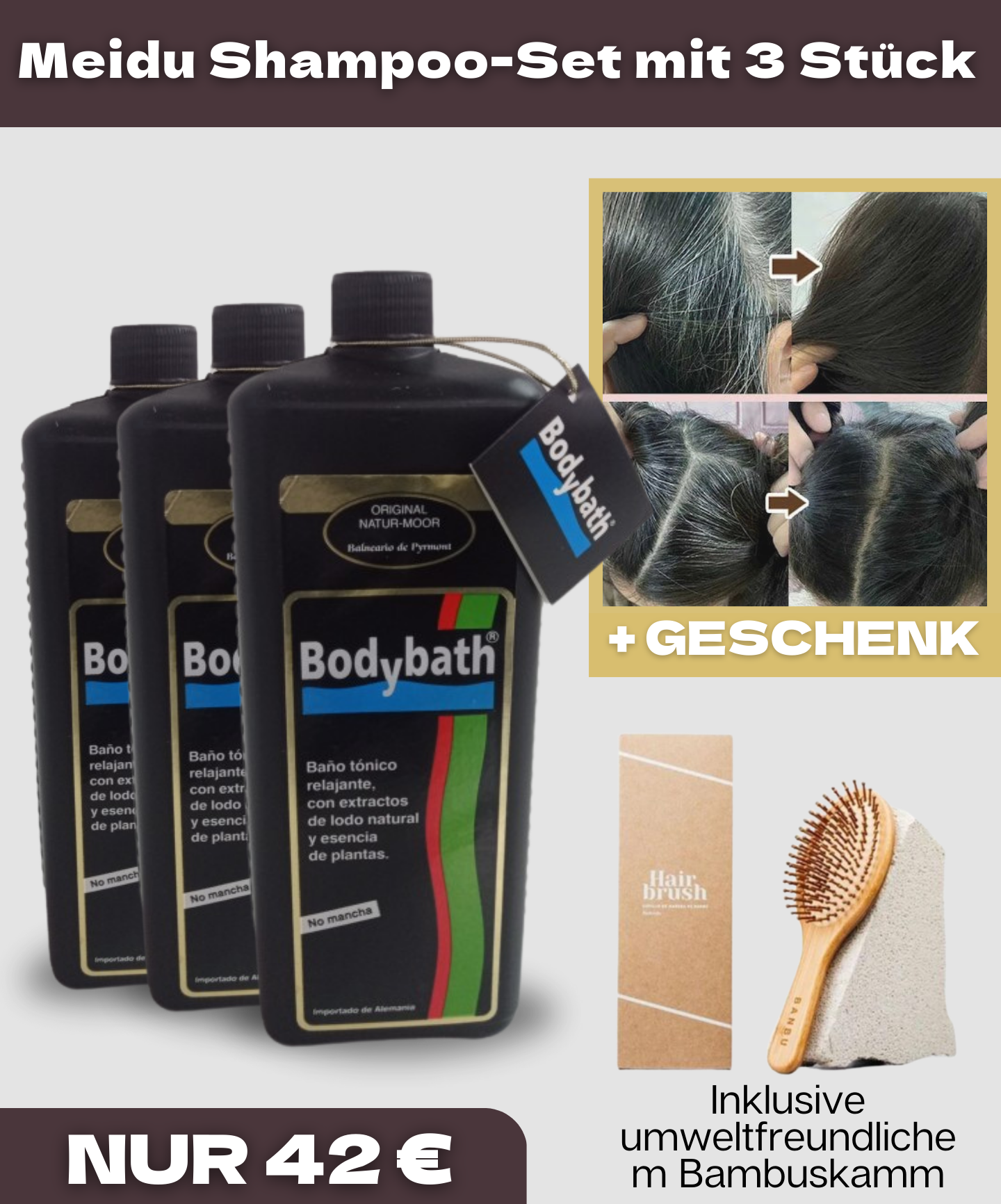 Body Bath Shampoo 3-in-1 für graues Haar + Umweltfreundlicher Bambuskamm GRATIS